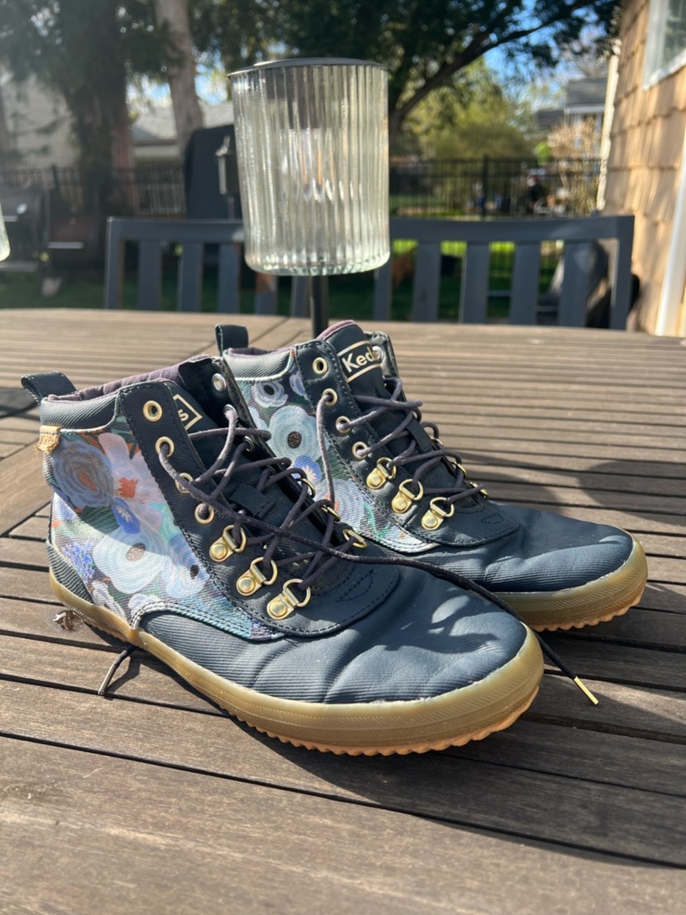 Rifle Paper Co x Keds Navy Floral High-Top Sneakers with Tan Sole